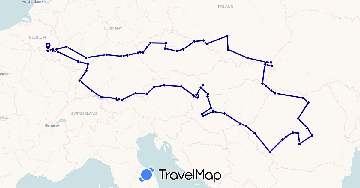 TravelMap itinerary: driving in Austria, Belgium, Czech Republic, Germany, Hungary, Luxembourg, Poland, Romania, Slovakia (Europe)